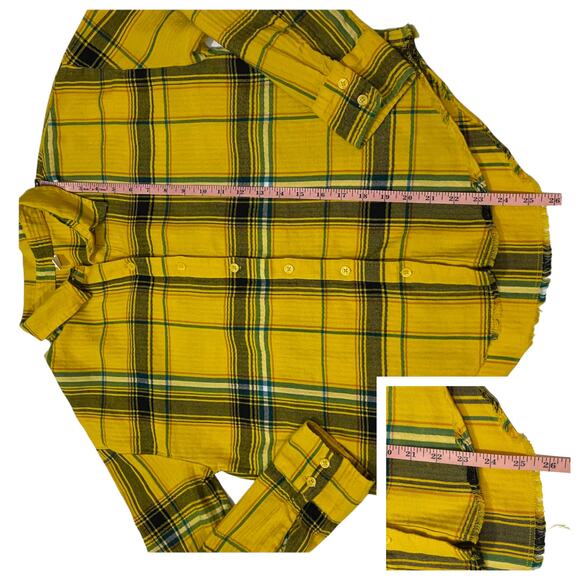 BP Plaid Frayed Hem Flannel Button Up Top - Yellow Multi - Small - Picture 5 of 11